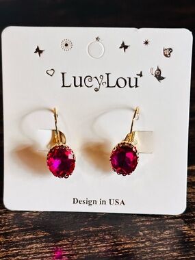 Gold‎ Tone Fuchsia Crystal Drop Earrings
